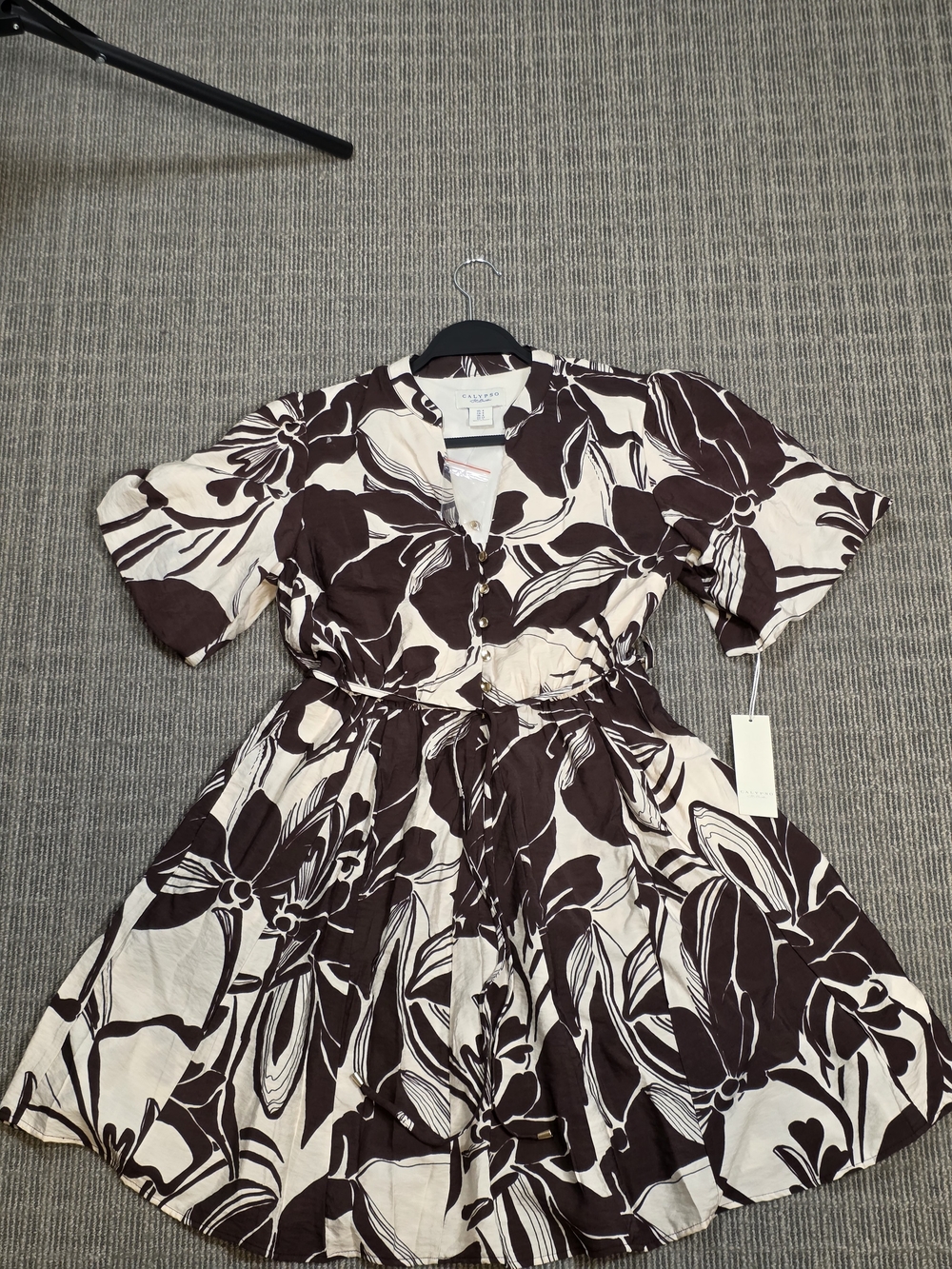 Calypso St. Barth Cream and Dark Brown Floral Button-Front Midi Dress